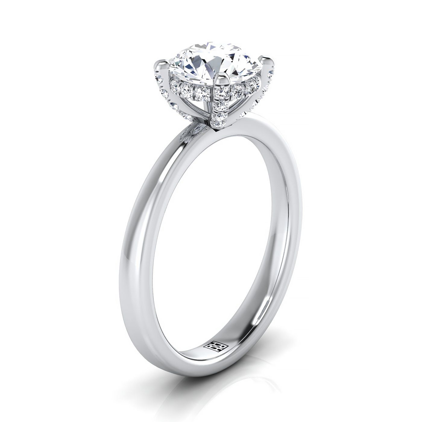 Platinum Round Brilliant Diamond Adorned Claws and Secret Halo Solitaire Engagement Ring -1/10ctw