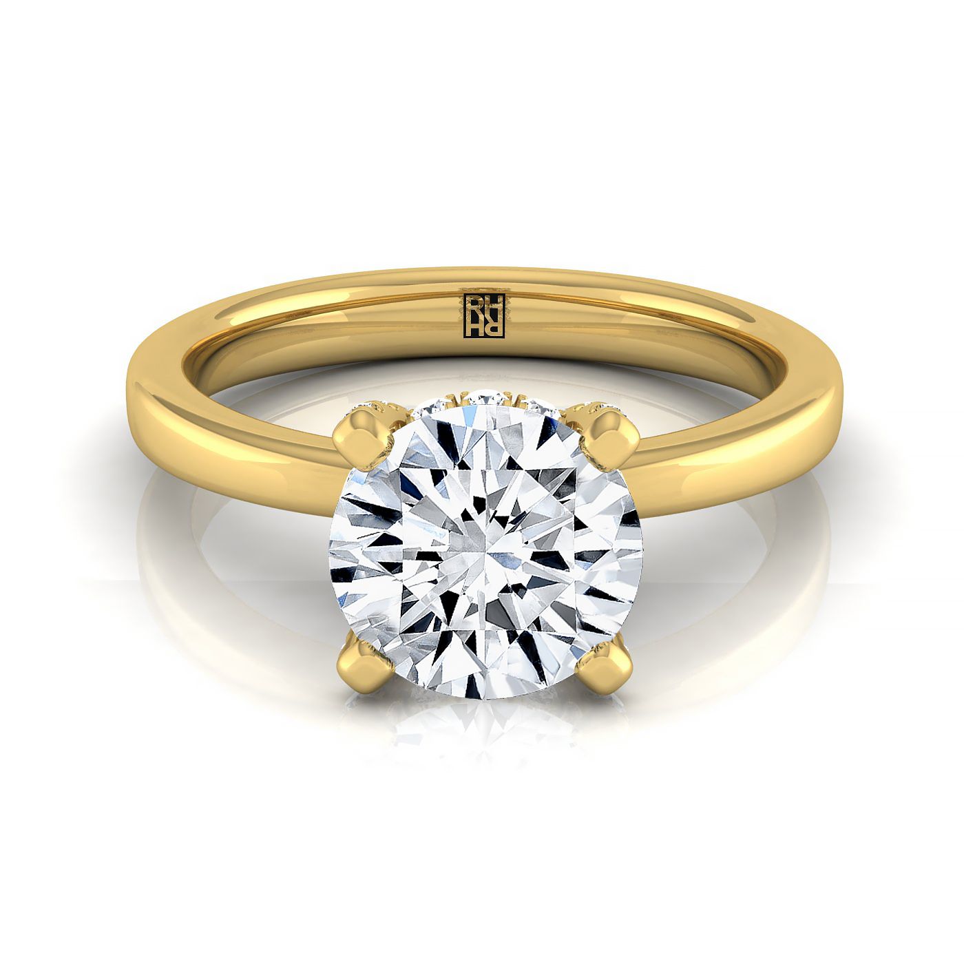 Round Brilliant, Secret Halo Adorned Prong Solitaire, in 18K Yellow Gold – view 8 | RockHer