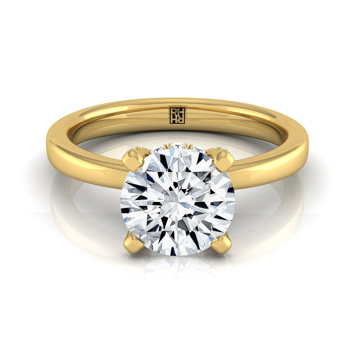 Round Brilliant, Secret Halo Adorned Prong Solitaire, in 18K Yellow Gold – view 8 | RockHer