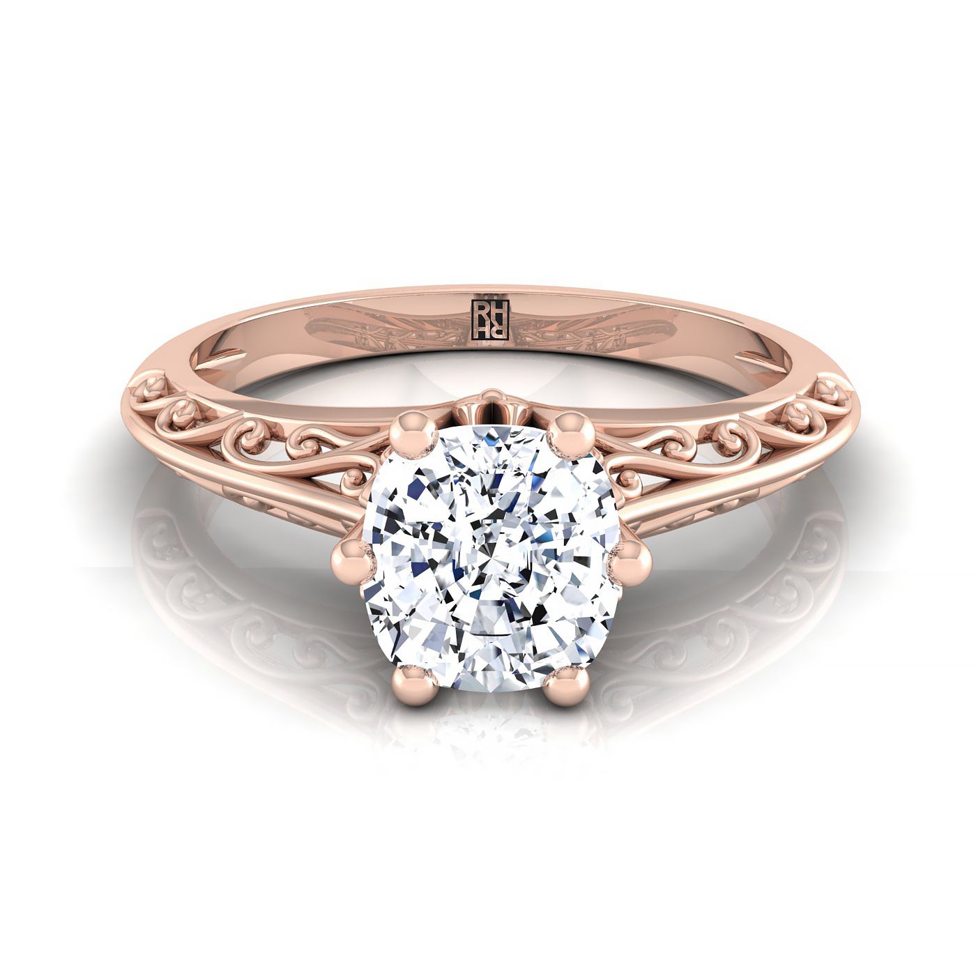 Vintage Scroll Cutout Solitaire Cushion, in 14K Rose Gold, prong setting | RockHer