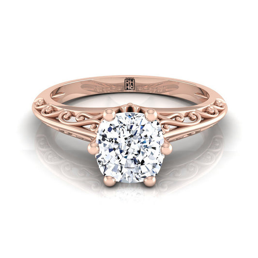 Vintage Scroll Cutout Solitaire Cushion, in 14K Rose Gold, prong setting | RockHer