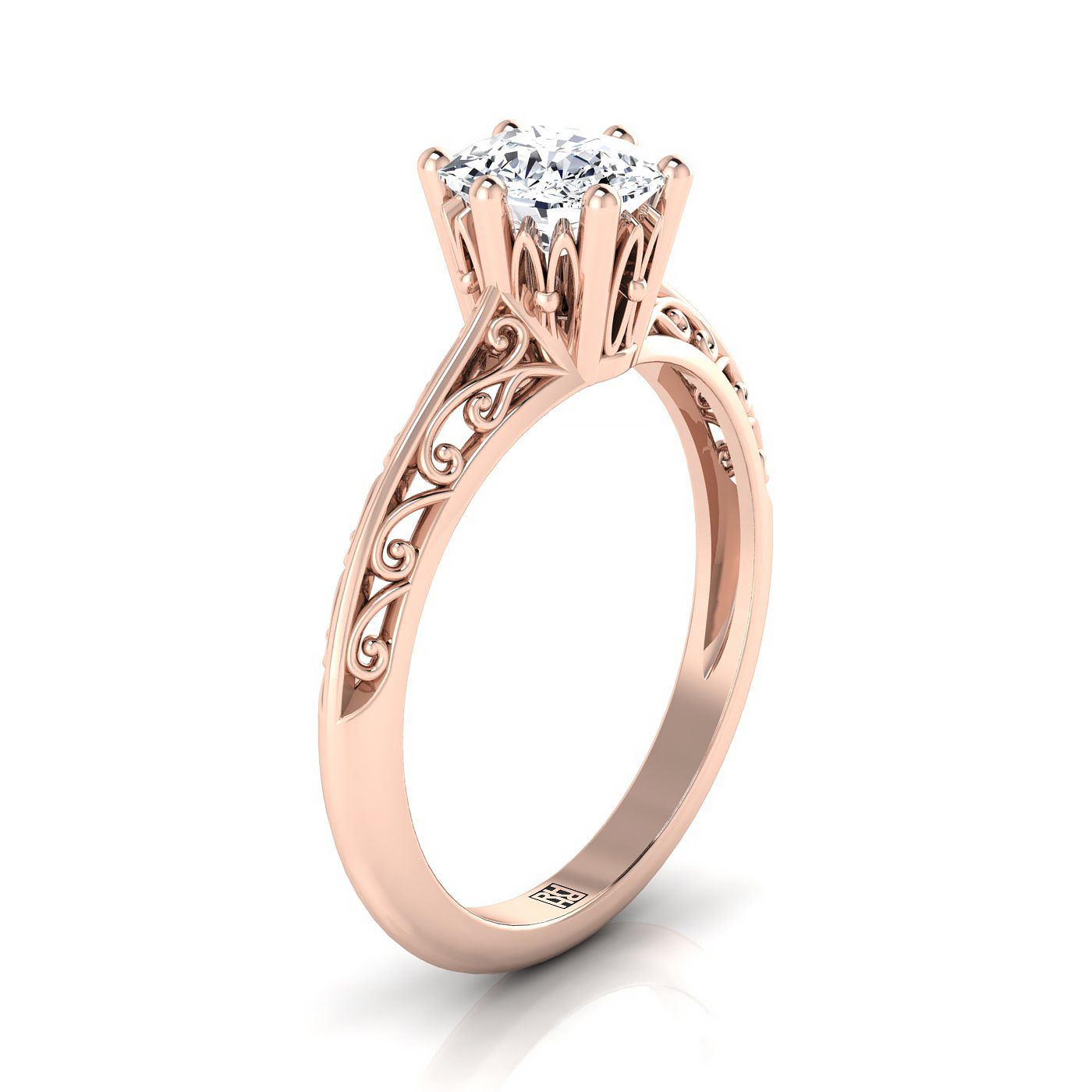 Vintage Scroll Cutout Solitaire Cushion, in 14K Rose Gold, prong setting – side profile | RockHer
