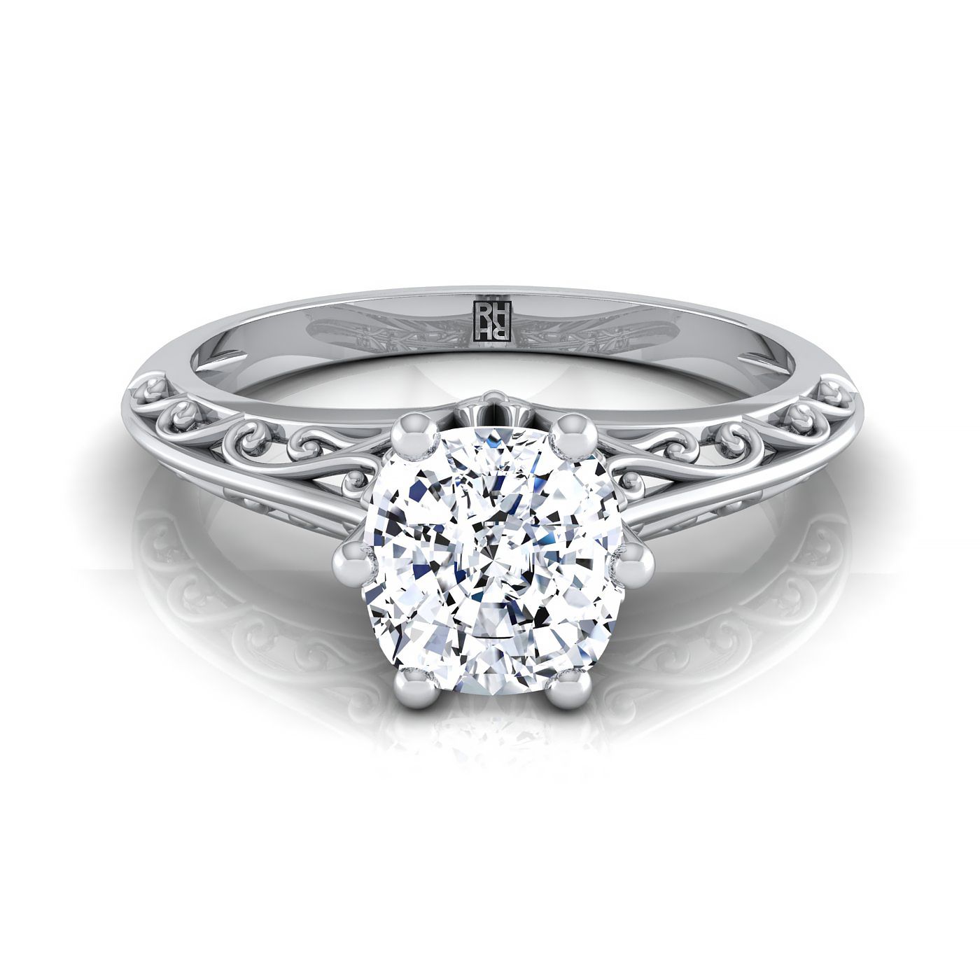 Vintage Scroll Cutout Solitaire Cushion, in 18K White Gold | RockHer