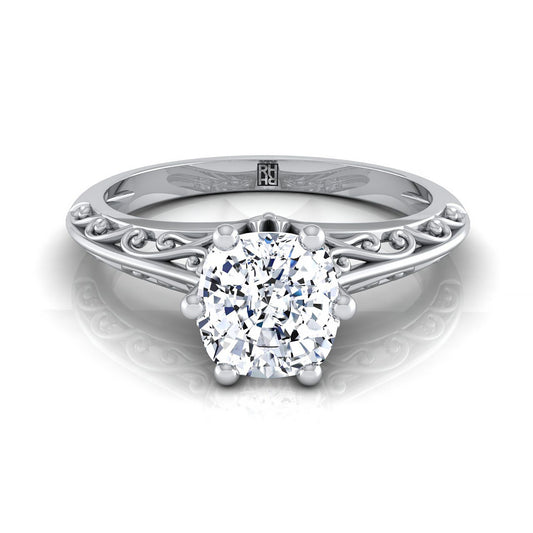 Vintage Scroll Cutout Solitaire Cushion, in 18K White Gold | RockHer