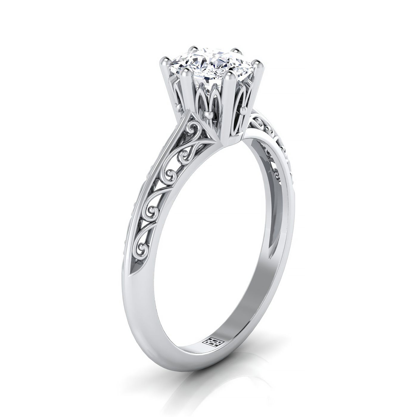 Vintage Scroll Cutout Solitaire Cushion, in Platinum – side profile | RockHer