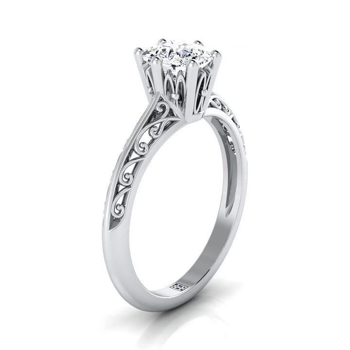 Vintage Scroll Cutout Solitaire Cushion, in 18K White Gold – side profile | RockHer