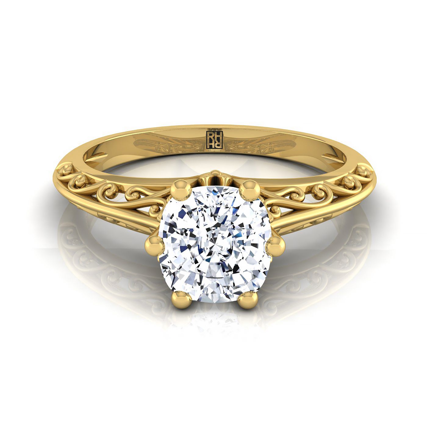 Vintage Scroll Cutout Solitaire Cushion, in 18K Yellow Gold | RockHer