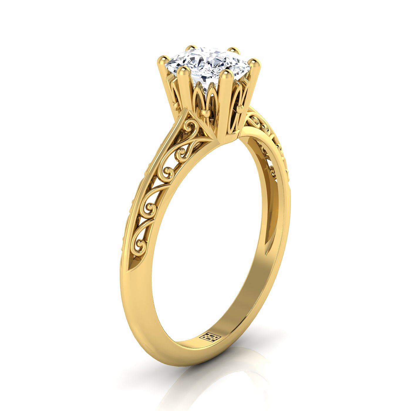 Vintage Scroll Cutout Solitaire Cushion, in 18K Yellow Gold – side profile | RockHer
