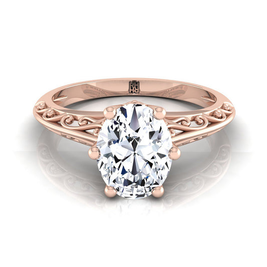 Vintage Scroll Cutout Solitaire Oval, in 14K Rose Gold, prong setting | RockHer