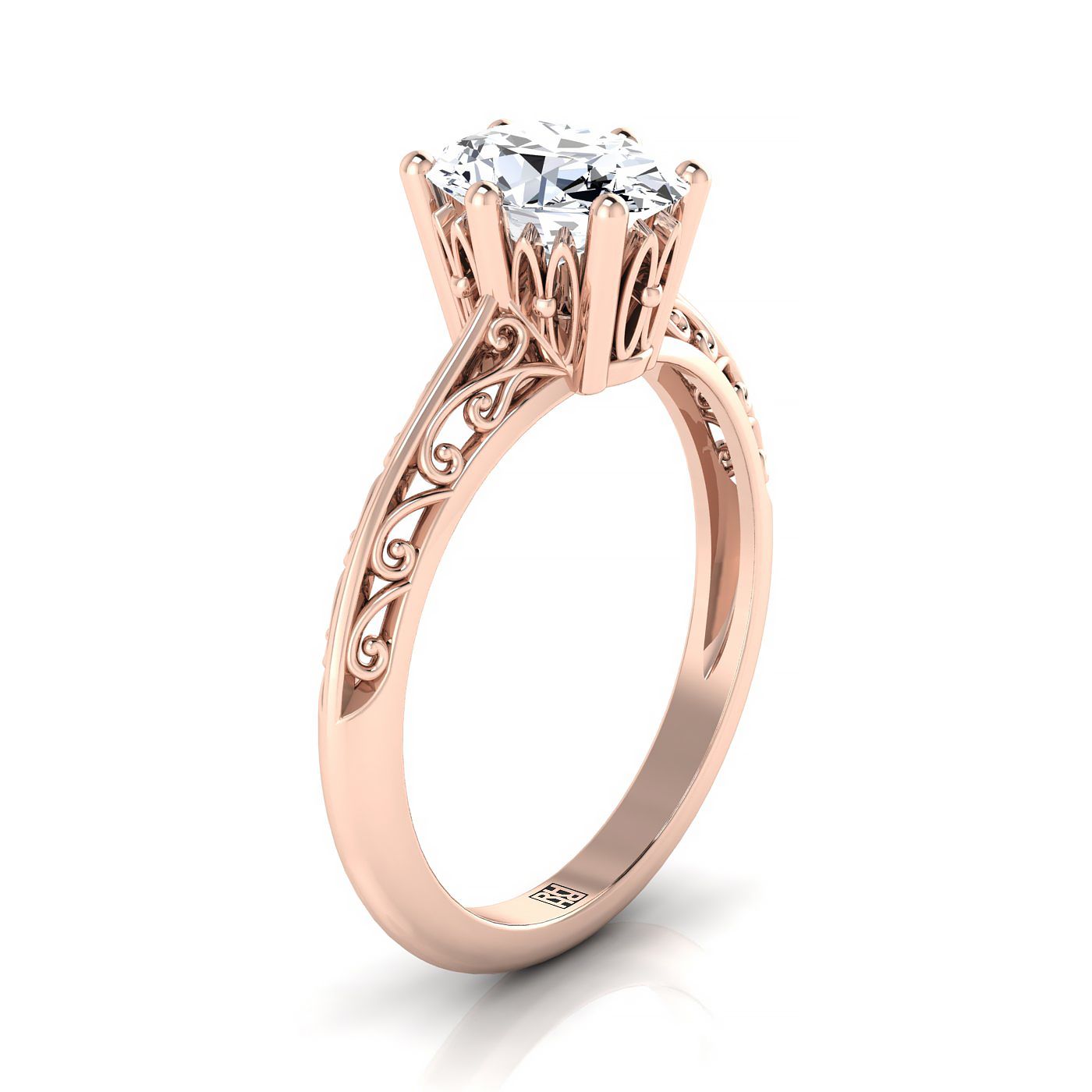Vintage Scroll Cutout Solitaire Oval, in 14K Rose Gold, prong setting – side profile | RockHer