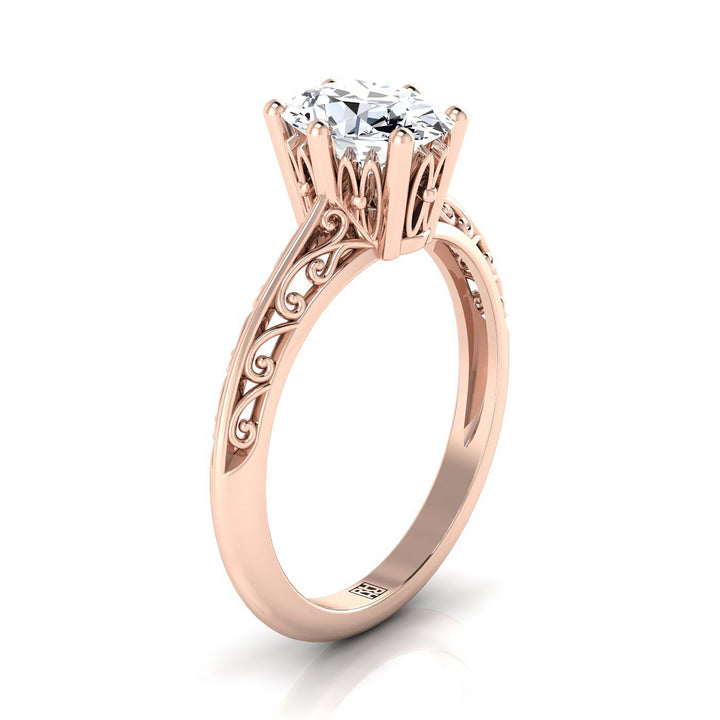 Vintage Scroll Cutout Solitaire Oval, in 14K Rose Gold, prong setting – side profile | RockHer