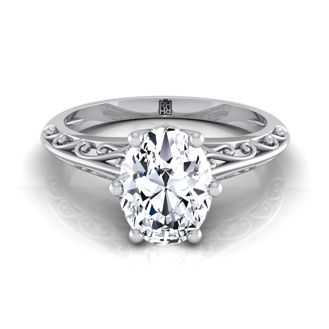 Vintage Scroll Cutout Solitaire Oval, in 18K White Gold | RockHer