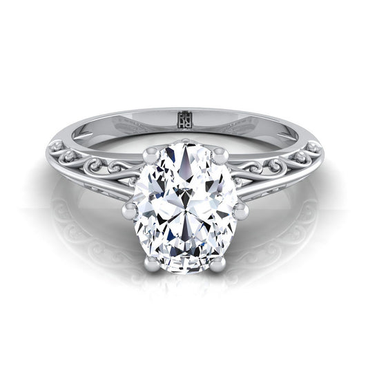 Vintage Scroll Cutout Solitaire Oval, in 18K White Gold | RockHer