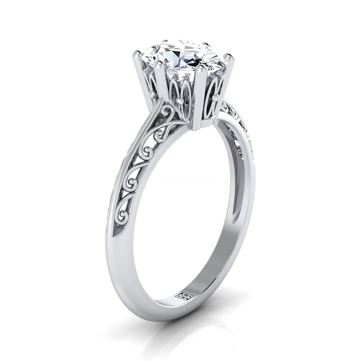 Vintage Scroll Cutout Solitaire Oval, in 18K White Gold – side profile | RockHer
