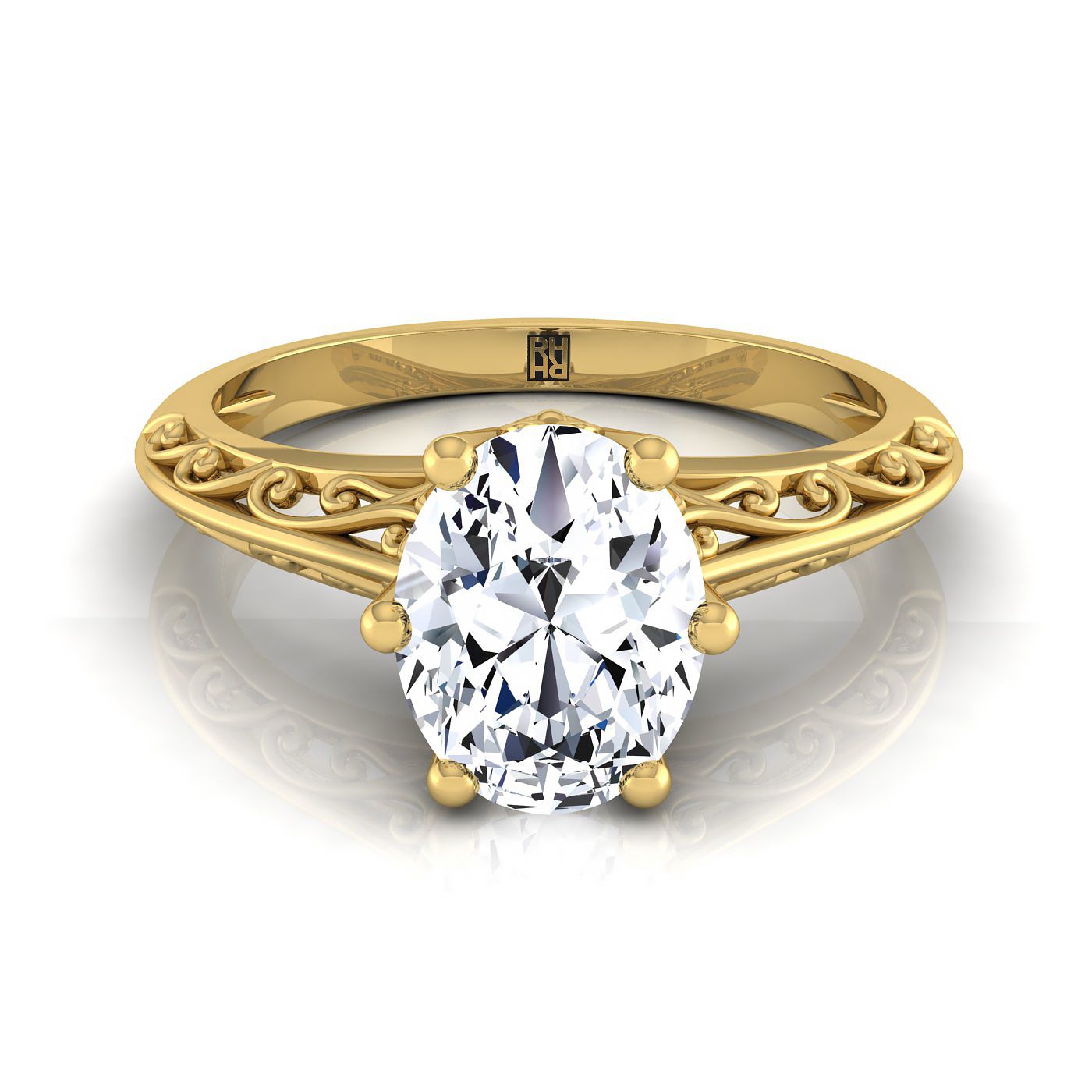 แหวนหมั้นเดี่ยวสไตล์วินเทจลายสลักรูปวงรีทองคำเหลือง 14K