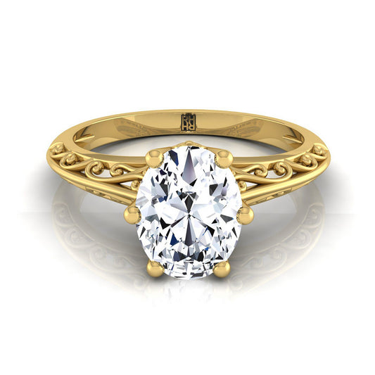 แหวนหมั้นเดี่ยวสไตล์วินเทจลายสลักรูปวงรีทองคำเหลือง 14K