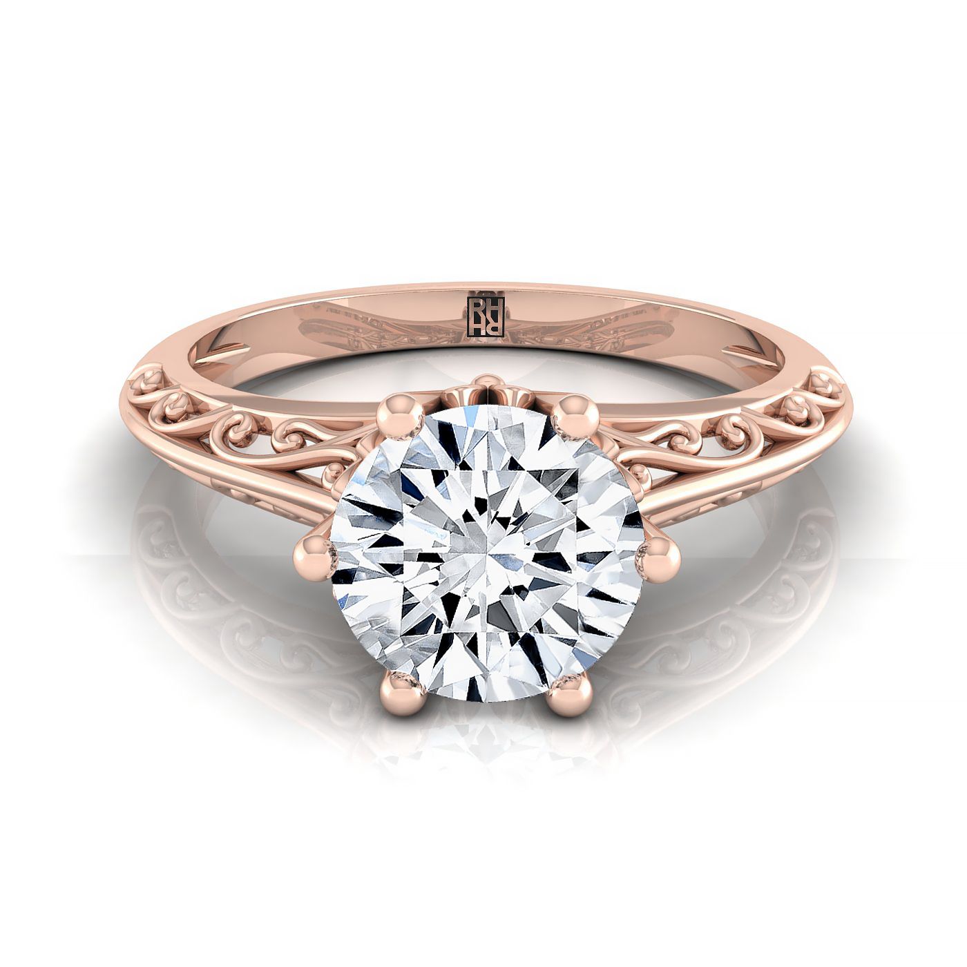 Round Brilliant, Vintage Scroll Cutout Solitaire, in 14K Rose Gold, prong setting | RockHer
