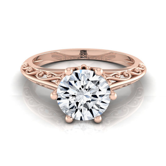 Round Brilliant, Vintage Scroll Cutout Solitaire, in 14K Rose Gold, prong setting | RockHer