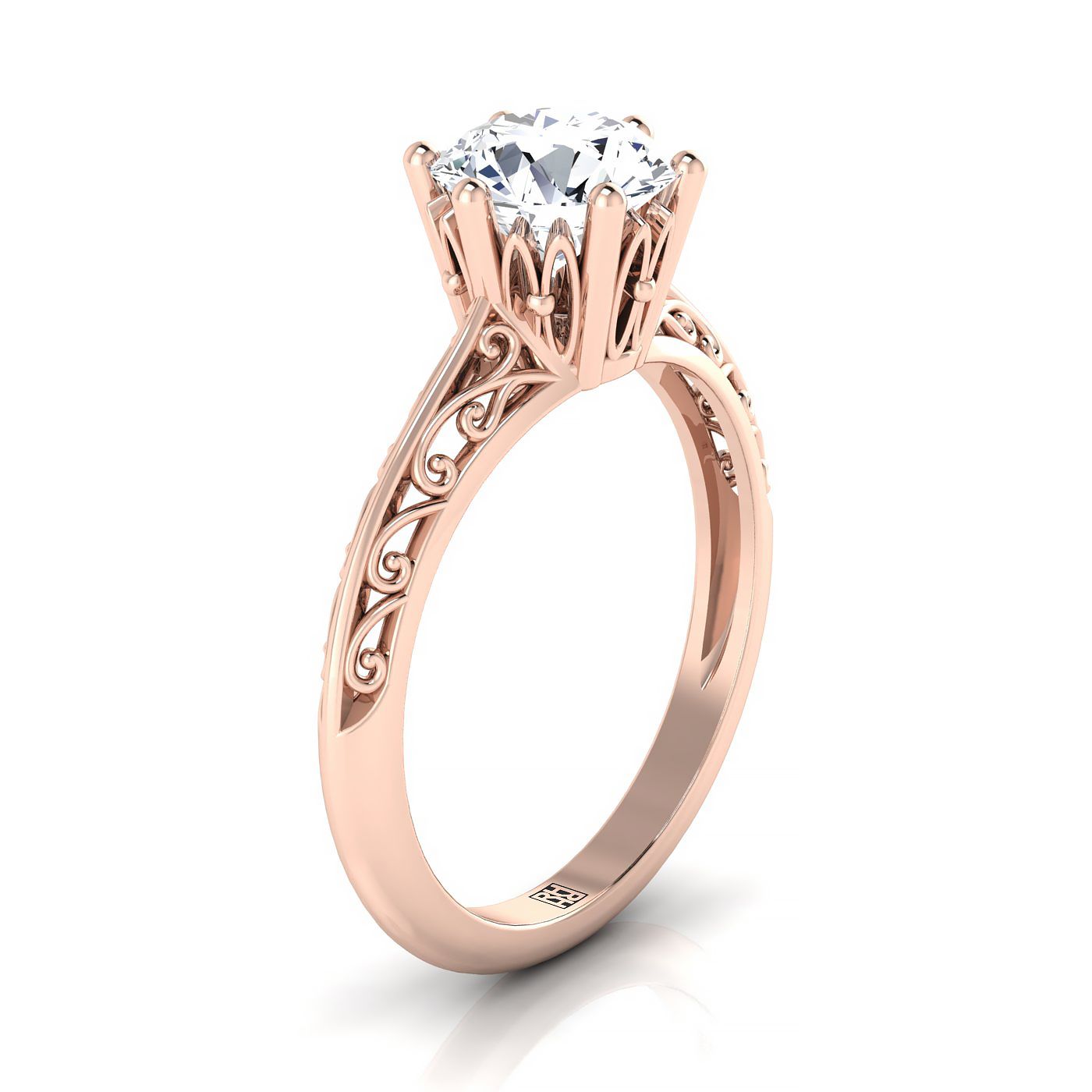 Round Brilliant, Vintage Scroll Cutout Solitaire, in 14K Rose Gold, prong setting – side profile | RockHer