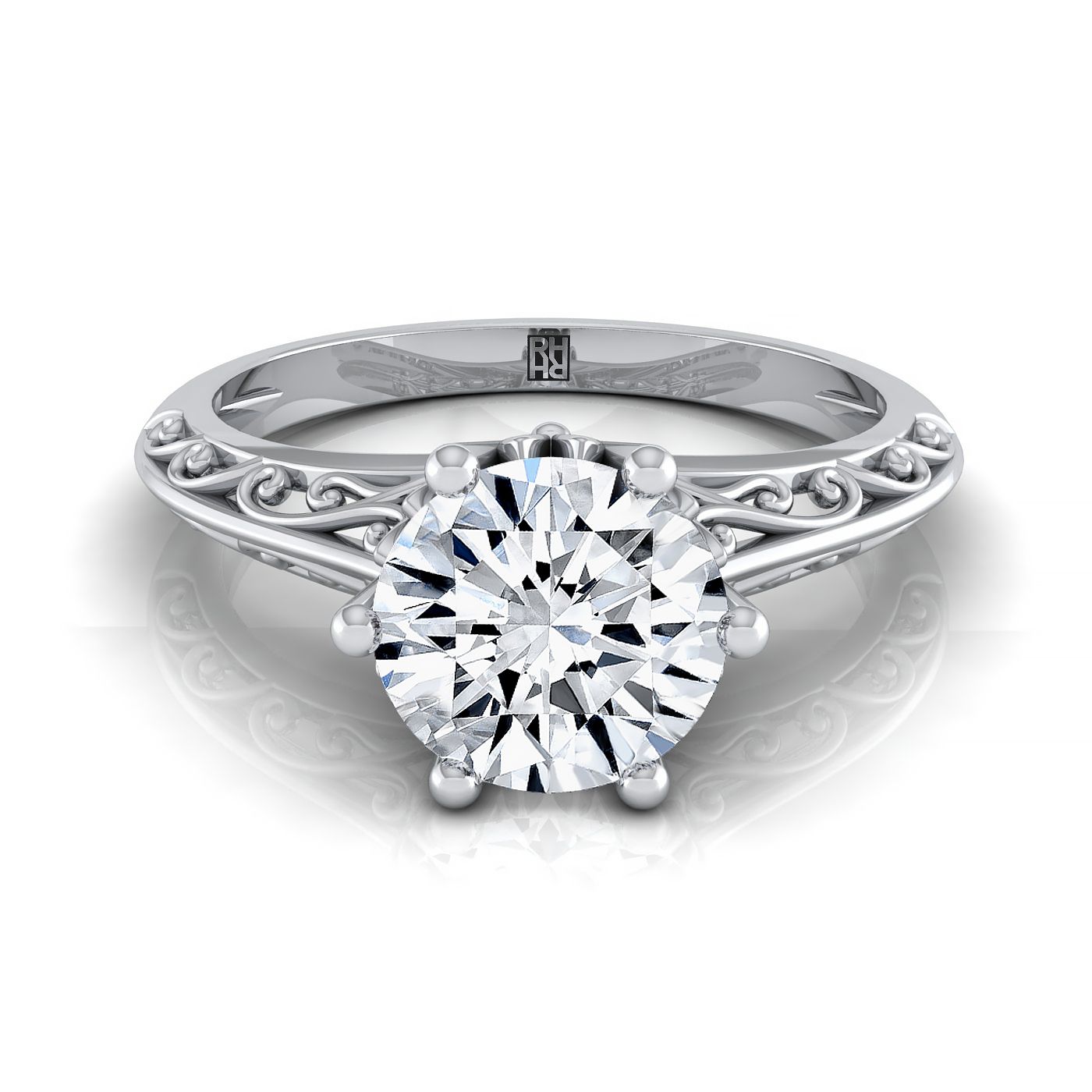 Round Brilliant, Vintage Scroll Cutout Solitaire, in Platinum | RockHer