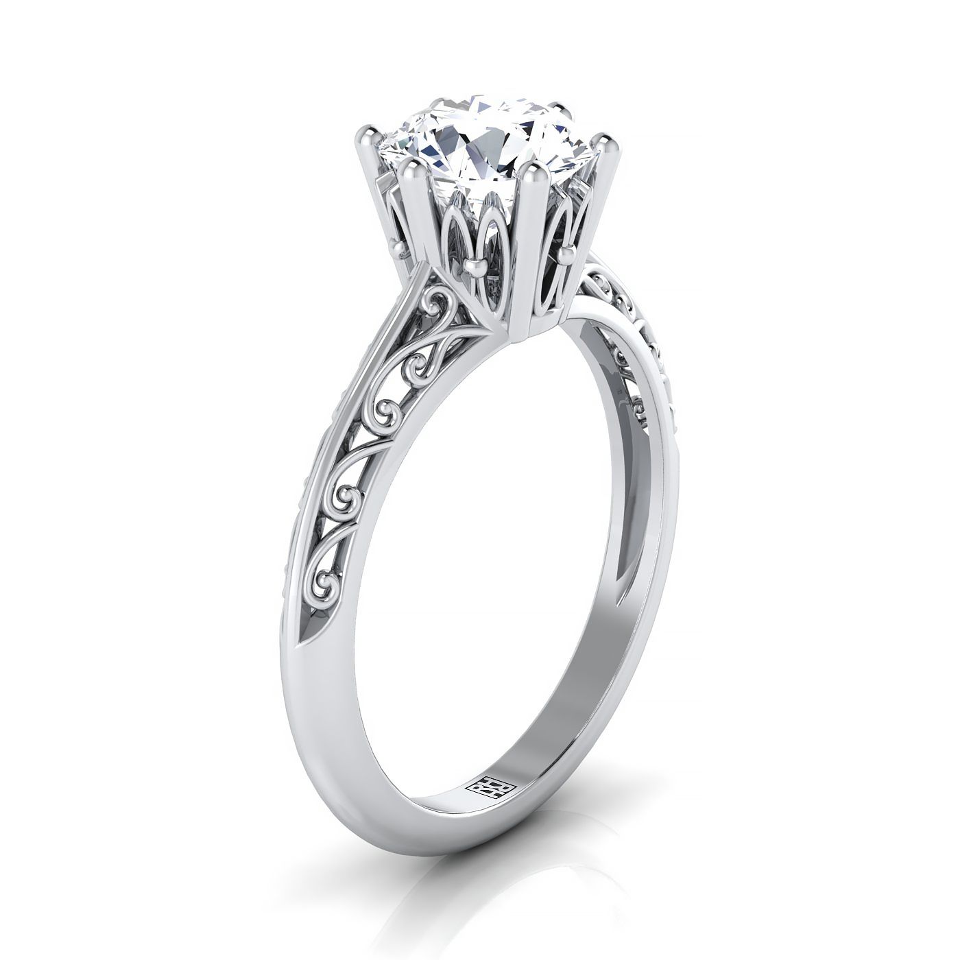 Round Brilliant, Vintage Scroll Cutout Solitaire, in Platinum – side profile | RockHer