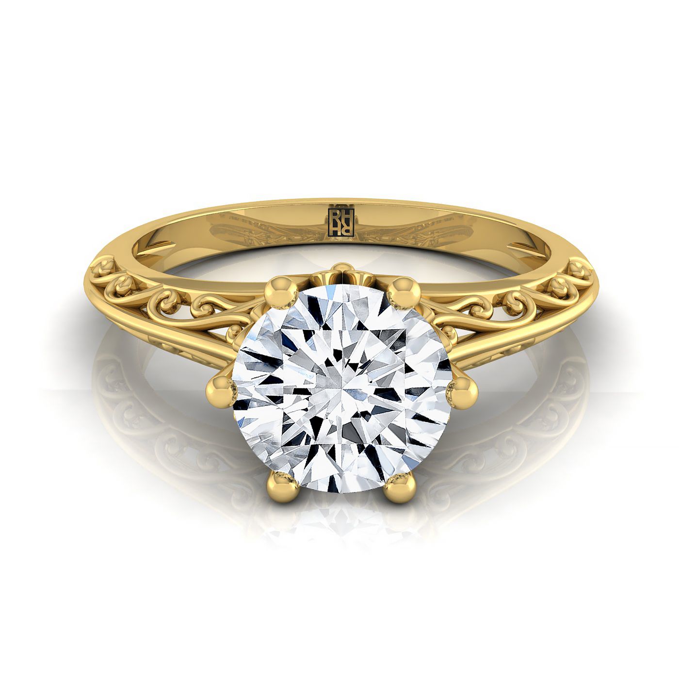 Round Brilliant, Vintage Scroll Cutout Solitaire, in 18K Yellow Gold | RockHer