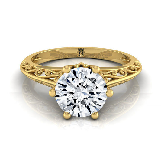 Round Brilliant, Vintage Scroll Cutout Solitaire, in 18K Yellow Gold | RockHer