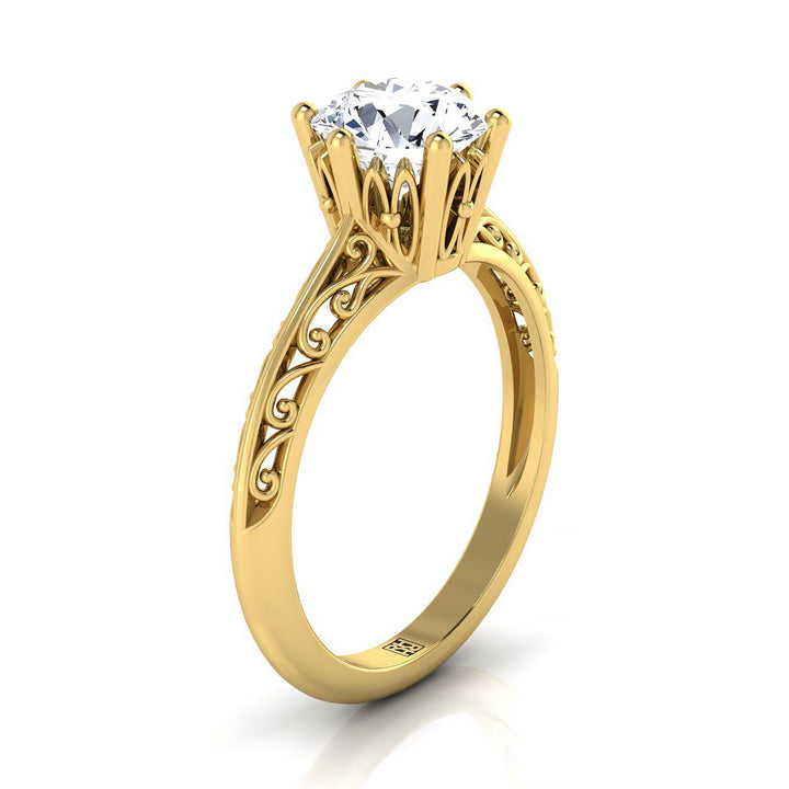 Round Brilliant, Vintage Scroll Cutout Solitaire, in 18K Yellow Gold – side profile | RockHer