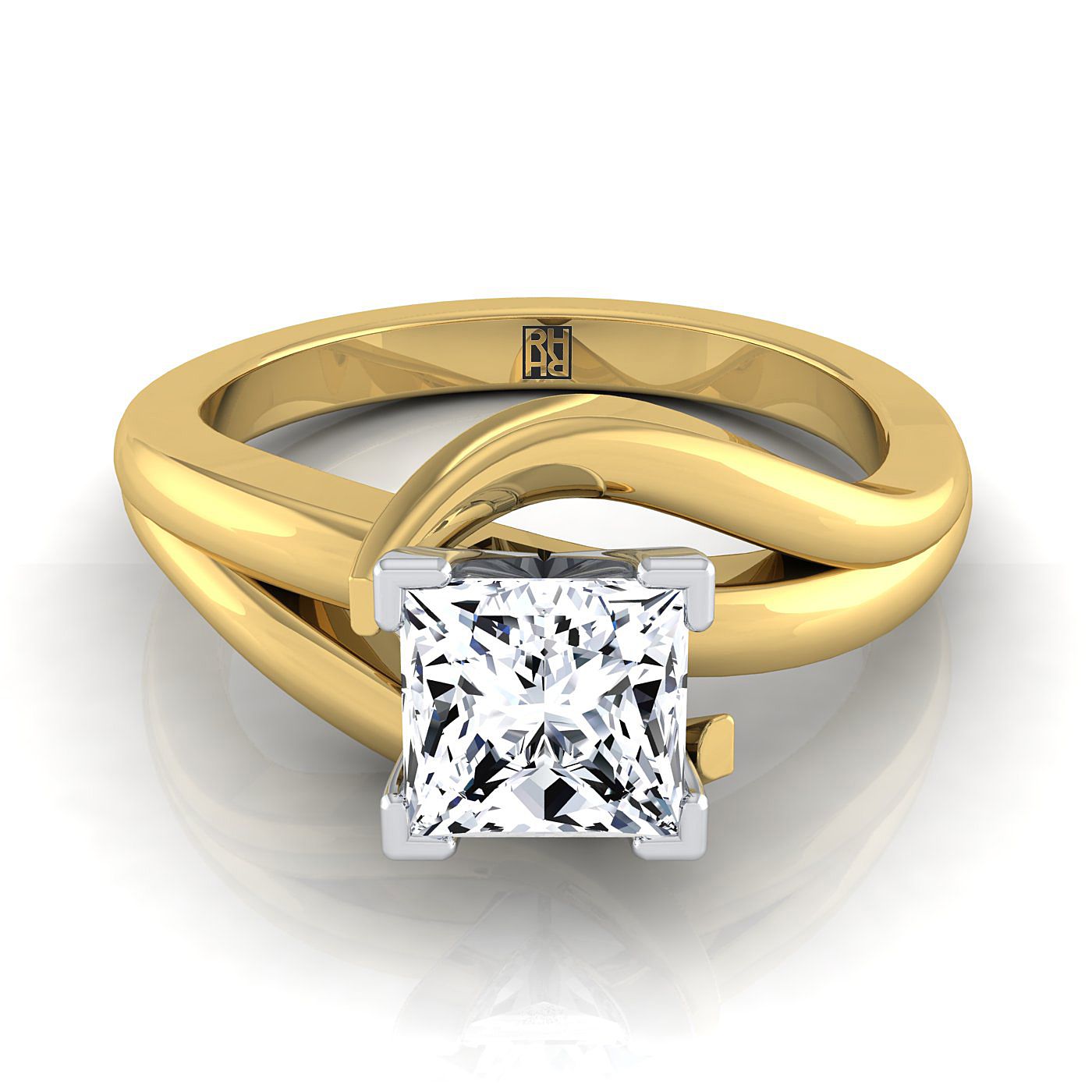 14K Yellow Gold Princess Cut  Asymetical Bypass Solitaire Twist Engagement Ring