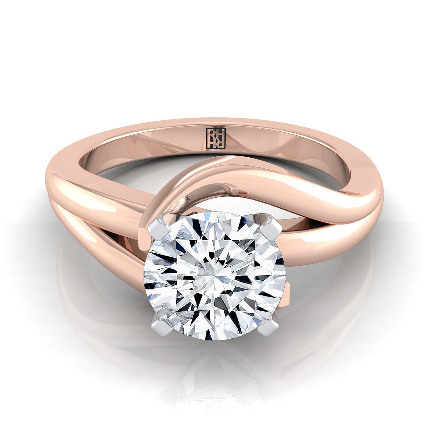 Round Brilliant, Asymmetrical Bypass Twist Solitaire, in 14K Rose Gold, prong setting | RockHer
