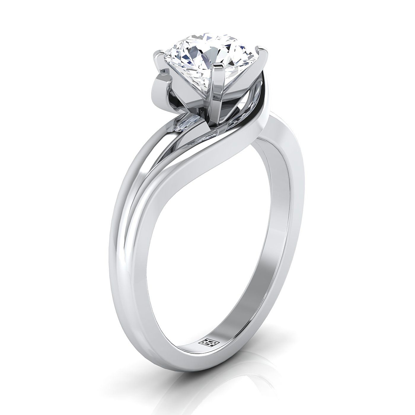 Round Brilliant, Asymmetrical Bypass Twist Solitaire, in Platinum – side profile | RockHer