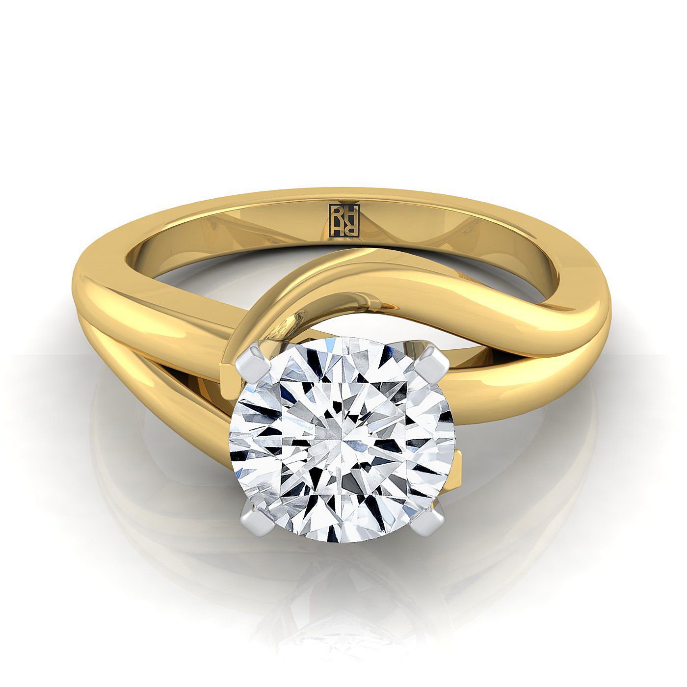 Round Brilliant, Asymmetrical Bypass Twist Solitaire, in 18K Yellow Gold | RockHer