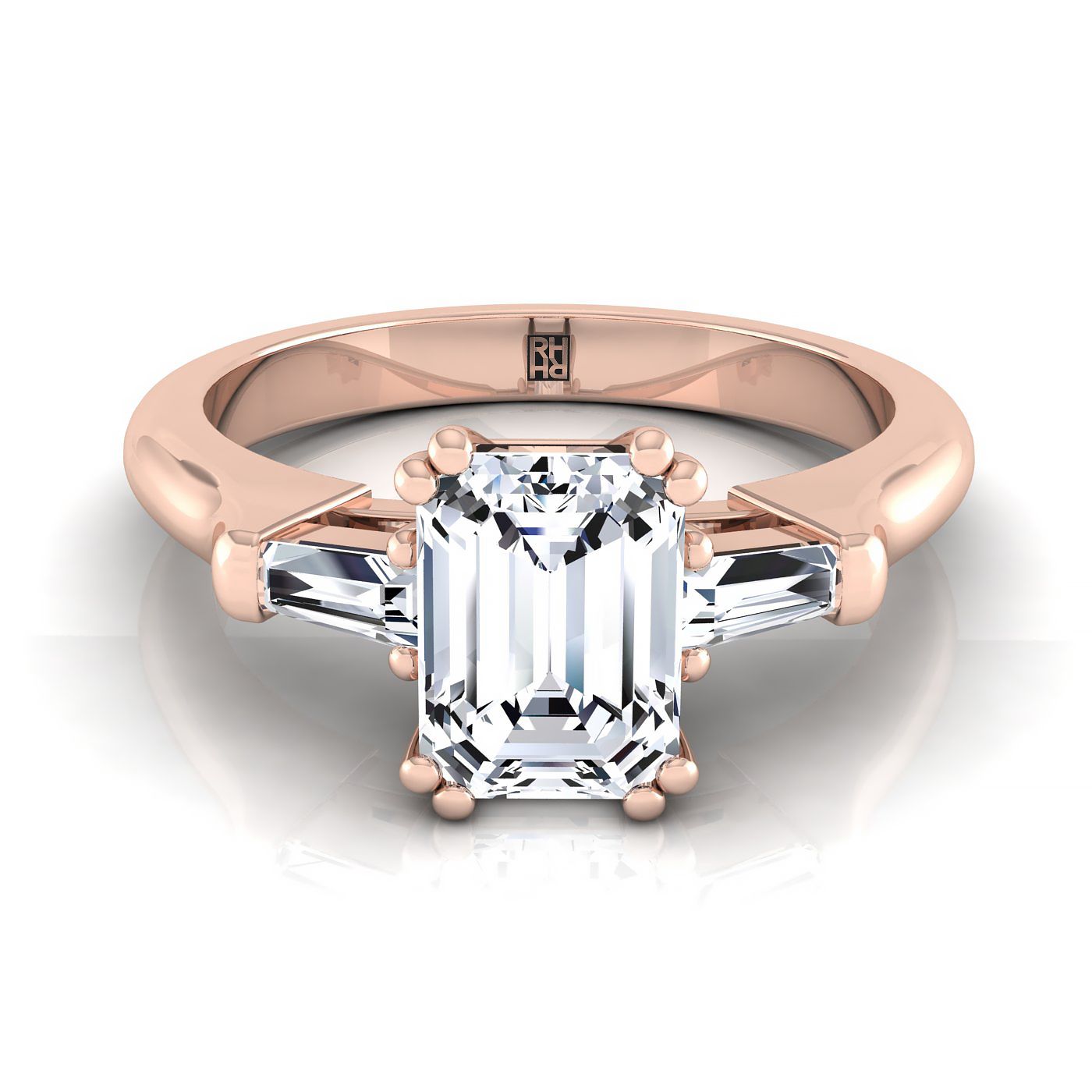 European Cut, Double Prong Tapered Baguette Three Stone Emerald, in 14K Rose Gold | RockHer