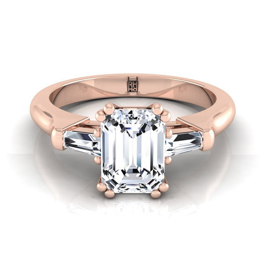 European Cut, Double Prong Tapered Baguette Three Stone Emerald, in 14K Rose Gold | RockHer