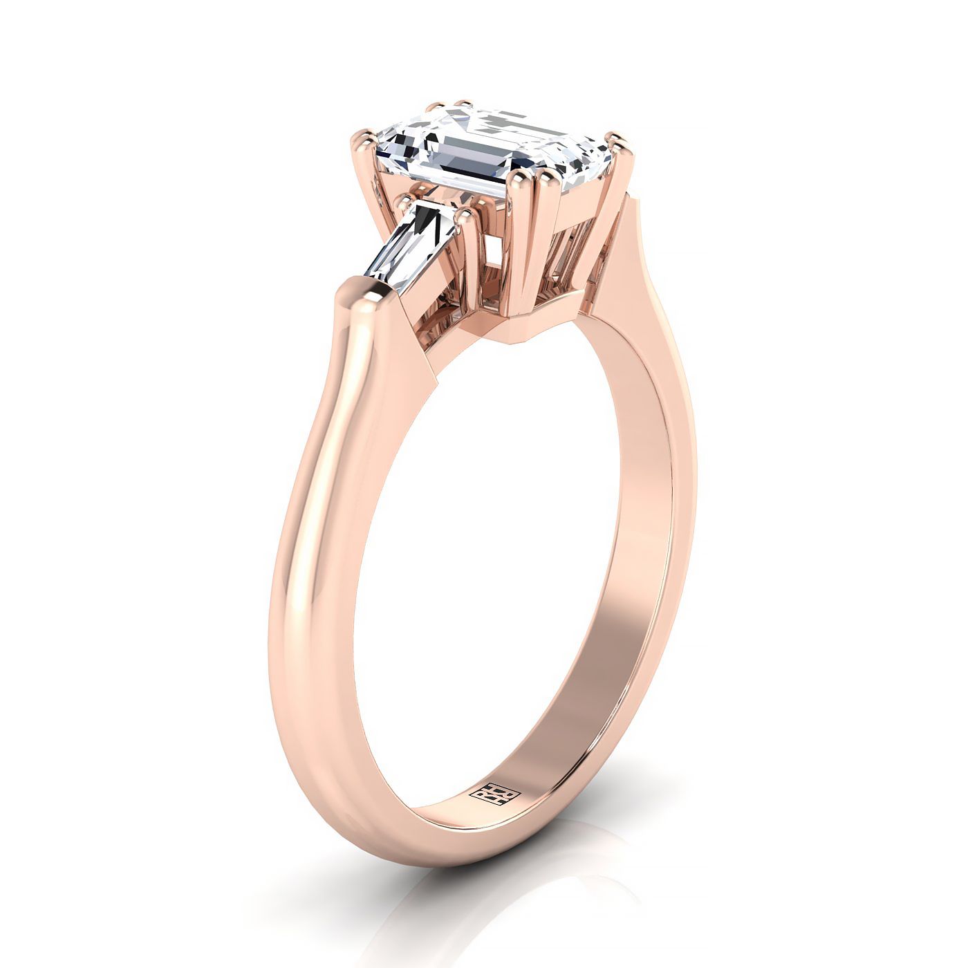 European Cut, Double Prong Tapered Baguette Three Stone Emerald, in 14K Rose Gold – side profile | RockHer