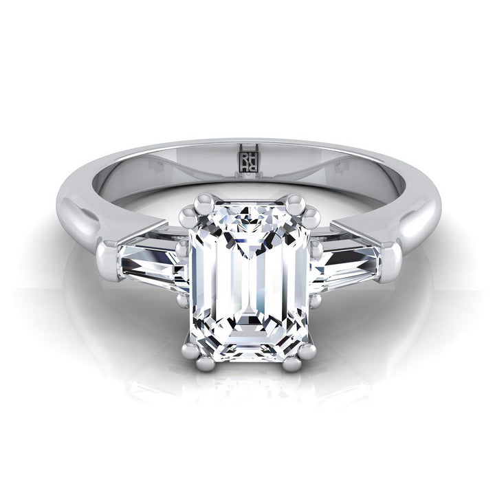 European Cut, Double Prong Tapered Baguette Three Stone Emerald, in 18K White Gold – view 8 | RockHer