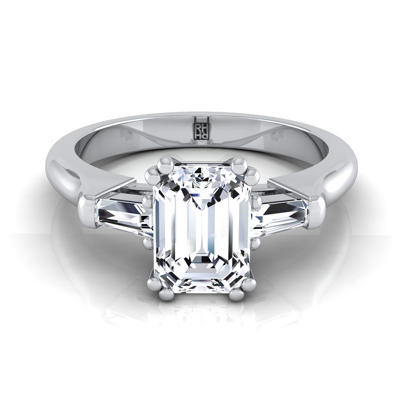 European Cut, Double Prong Tapered Baguette Three Stone Emerald, in Platinum – view 8 | RockHer