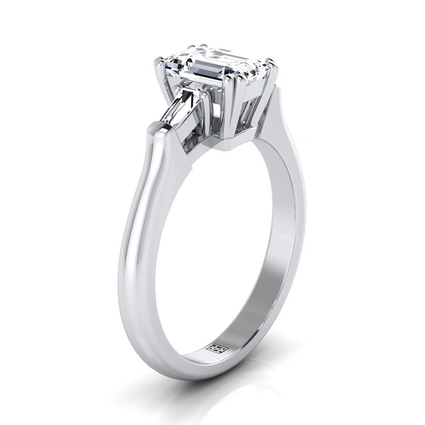 European Cut, Double Prong Tapered Baguette Three Stone Emerald, in Platinum – view 9 | RockHer