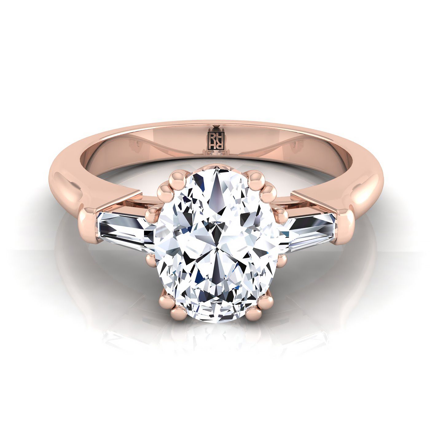 Double Prong Tapered Baguette Three Stone Oval, in 14K Rose Gold | RockHer