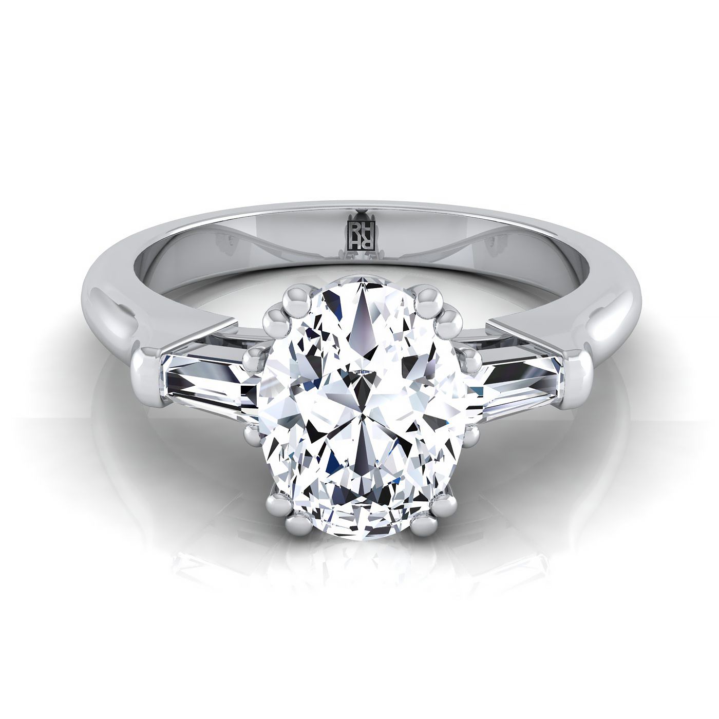 Double Prong Tapered Baguette Three Stone Oval, in Platinum | RockHer