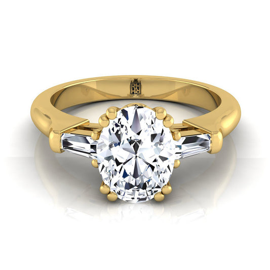 Double Prong Tapered Baguette Three Stone Oval, in 18K Yellow Gold | RockHer