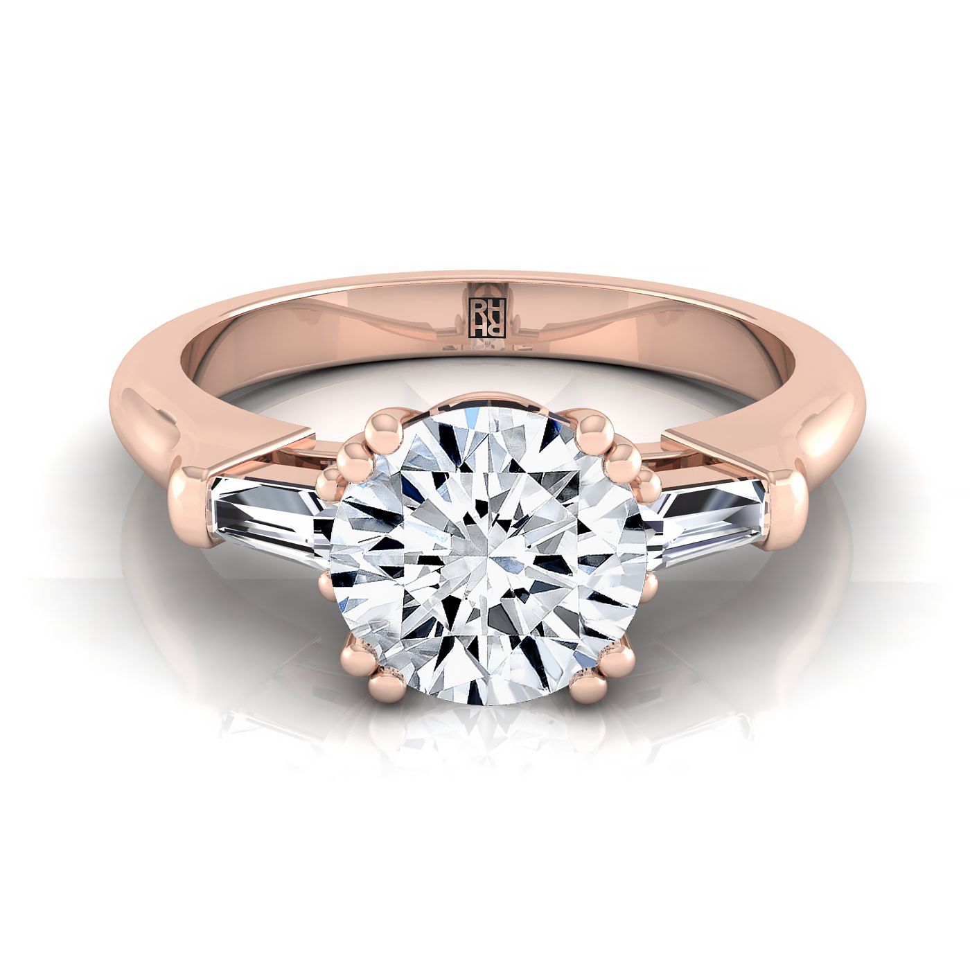 Round Brilliant, Double Prong Tapered Baguette Three Stone, in 14K Rose Gold | RockHer