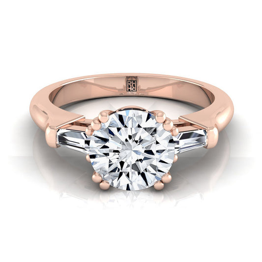 Round Brilliant, Double Prong Tapered Baguette Three Stone, in 14K Rose Gold | RockHer