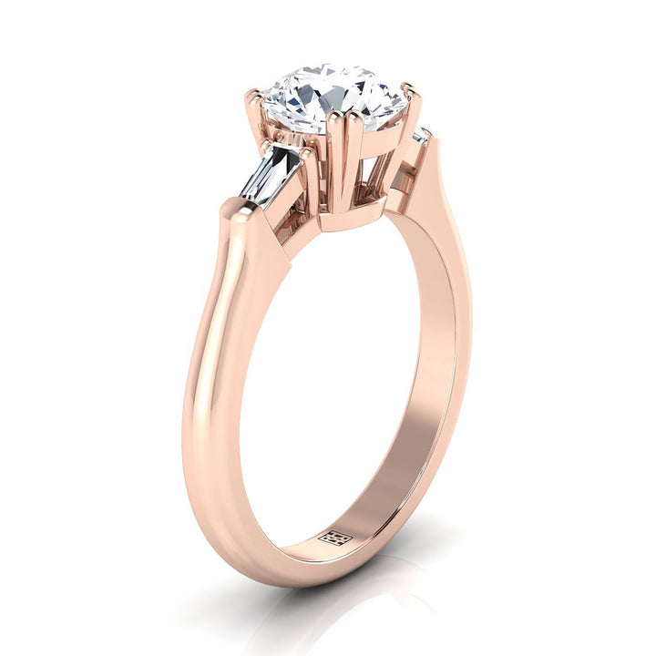Round Brilliant, Double Prong Tapered Baguette Three Stone, in 14K Rose Gold – side profile | RockHer