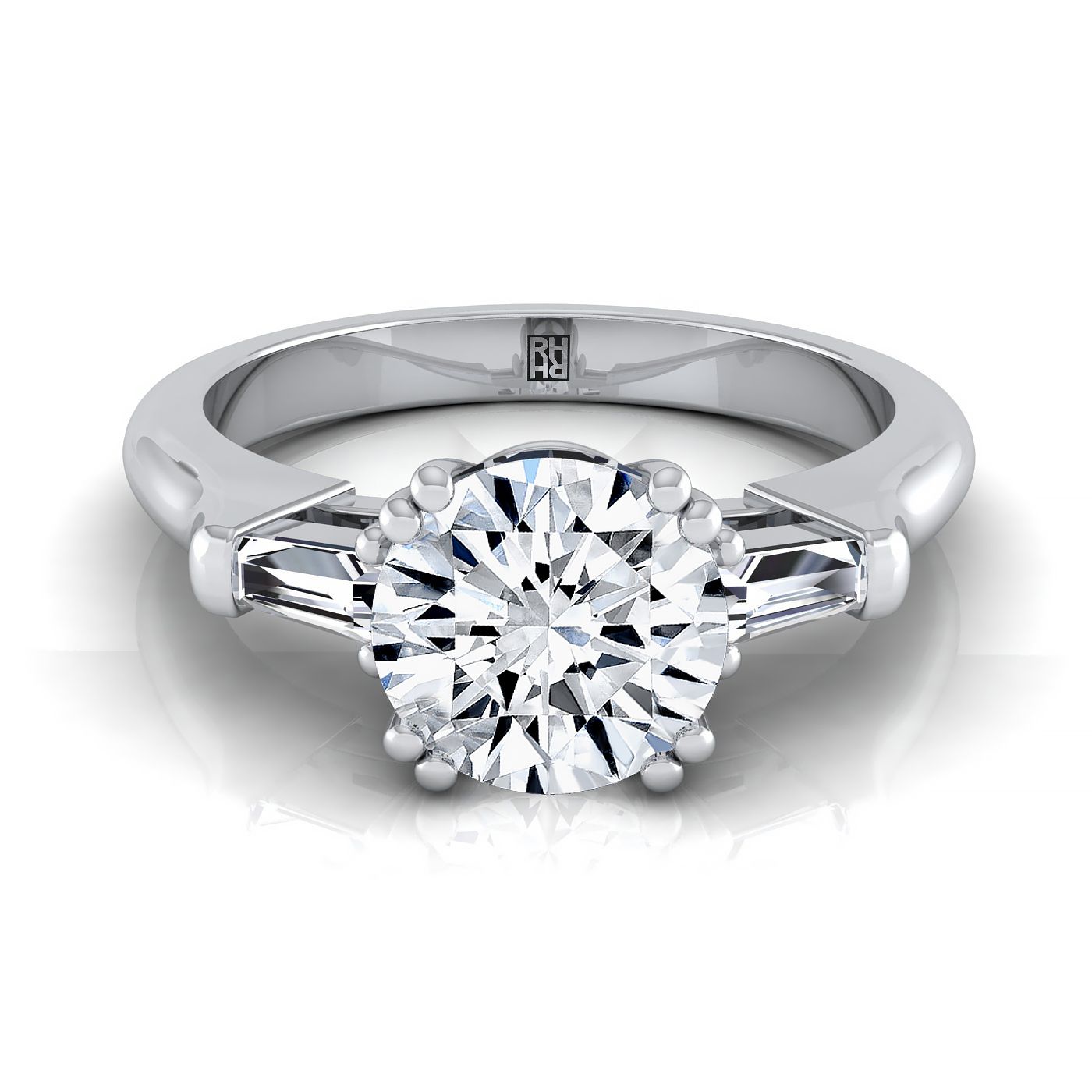 Round Brilliant, Double Prong Tapered Baguette Three Stone, in Platinum | RockHer