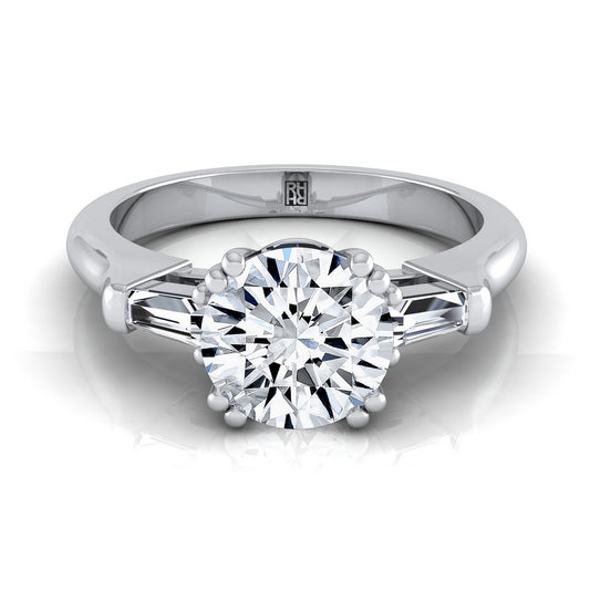 Round Brilliant, Double Prong Tapered Baguette Three Stone, in 18K White Gold | RockHer