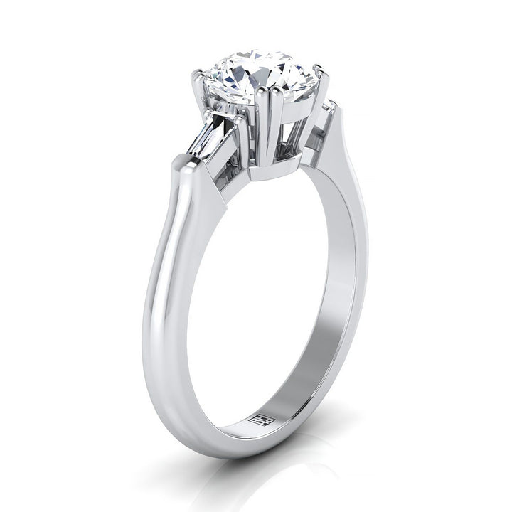Round Brilliant, Double Prong Tapered Baguette Three Stone, in 18K White Gold – side profile | RockHer