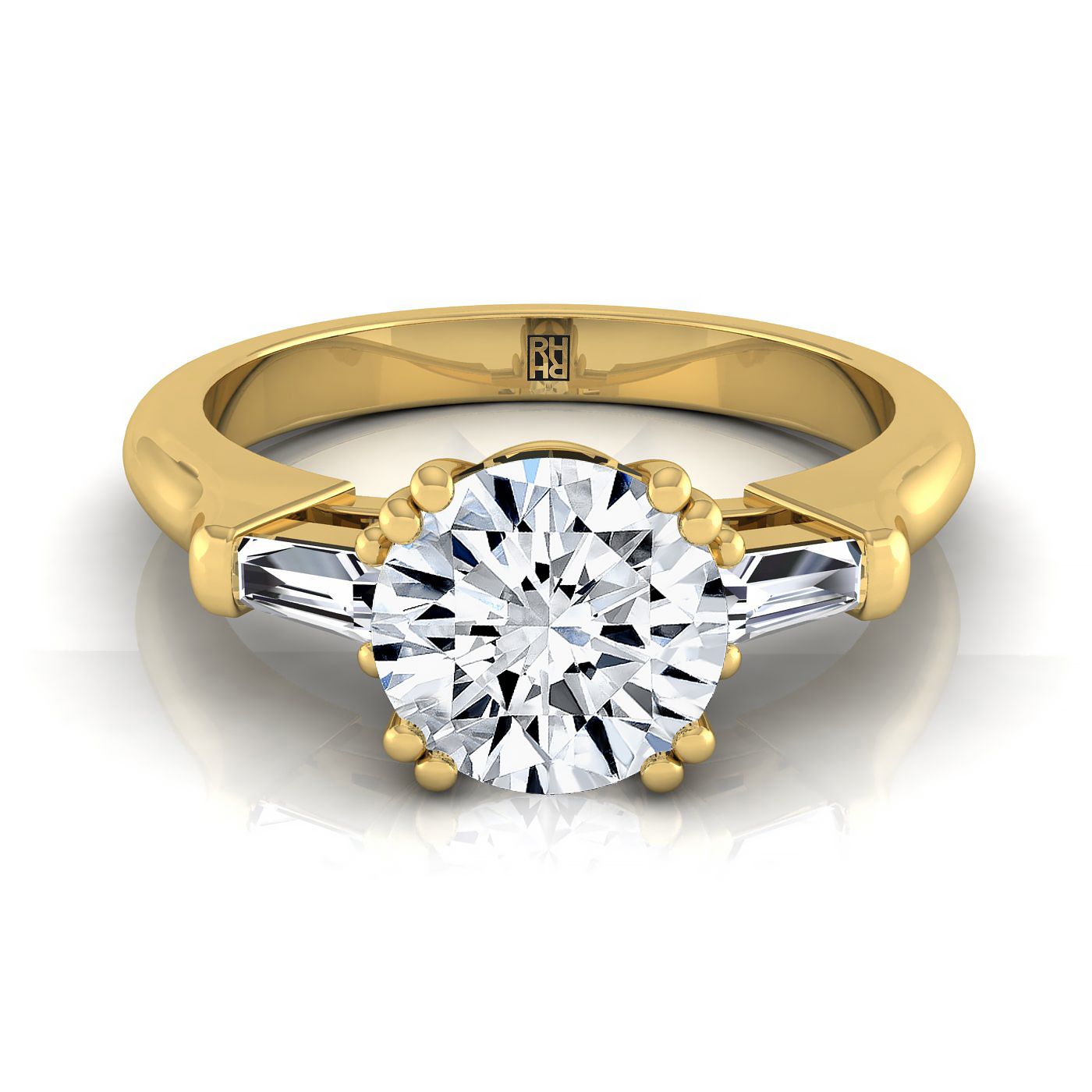 Round Brilliant, Double Prong Tapered Baguette Three Stone, in 18K Yellow Gold | RockHer