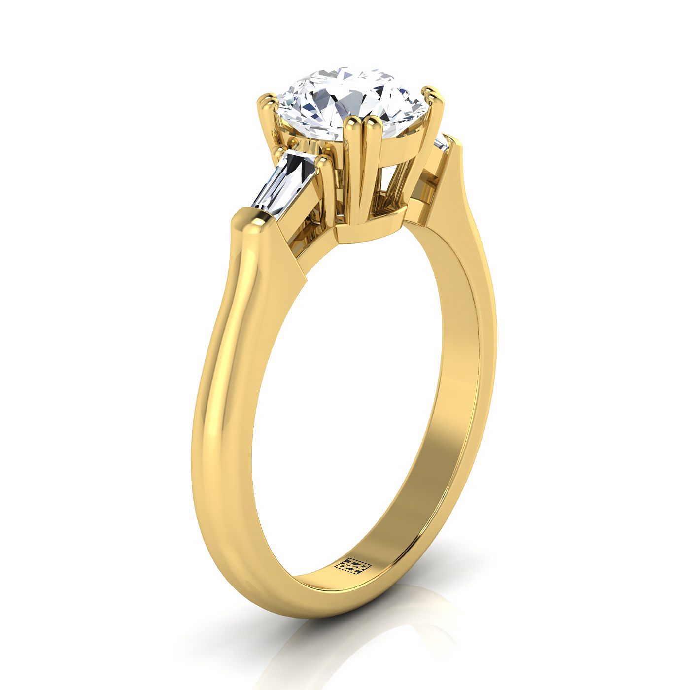 Round Brilliant, Double Prong Tapered Baguette Three Stone, in 18K Yellow Gold – side profile | RockHer
