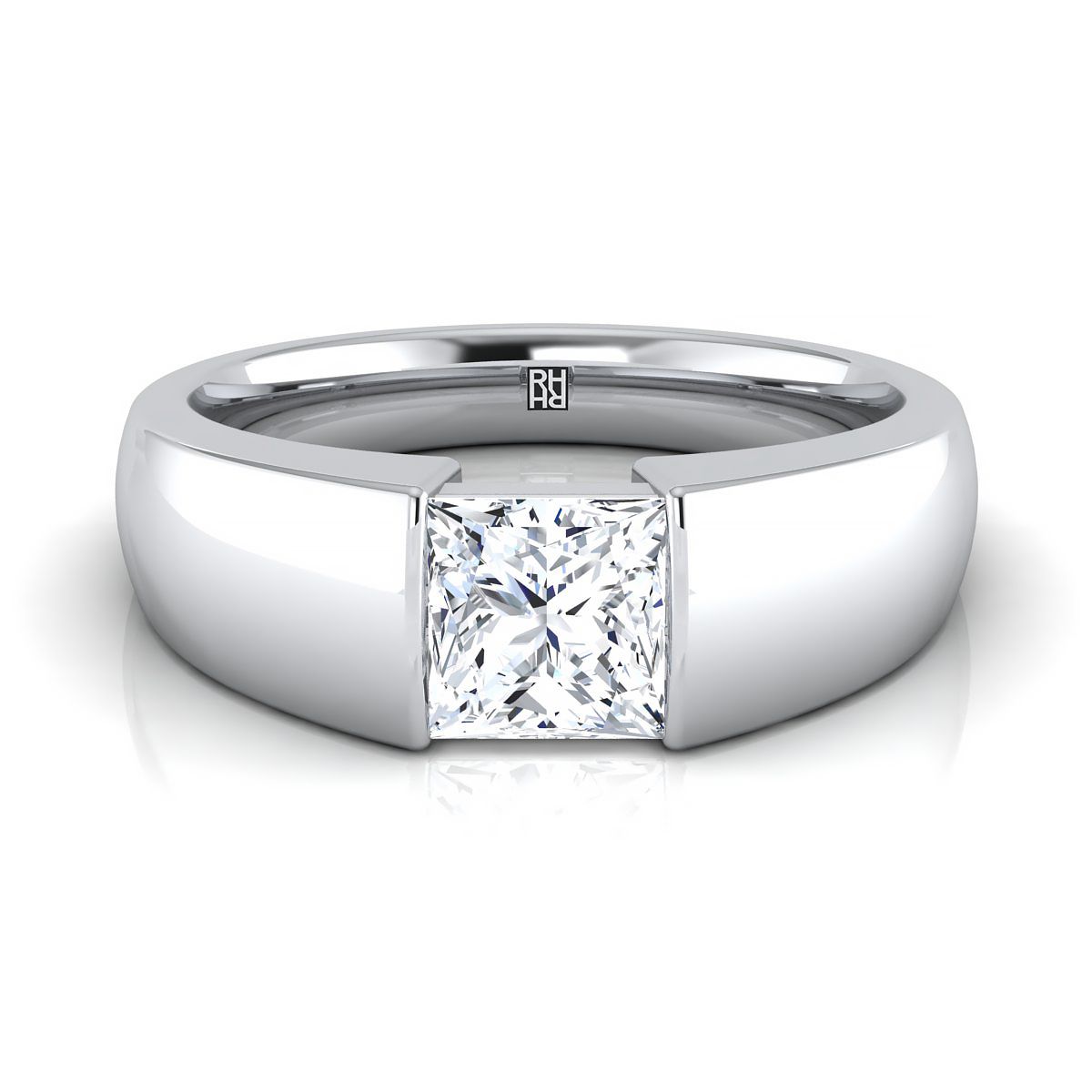 Wide High Polish Tension Channel Solitaire Princess, in 18K White Gold | RockHer